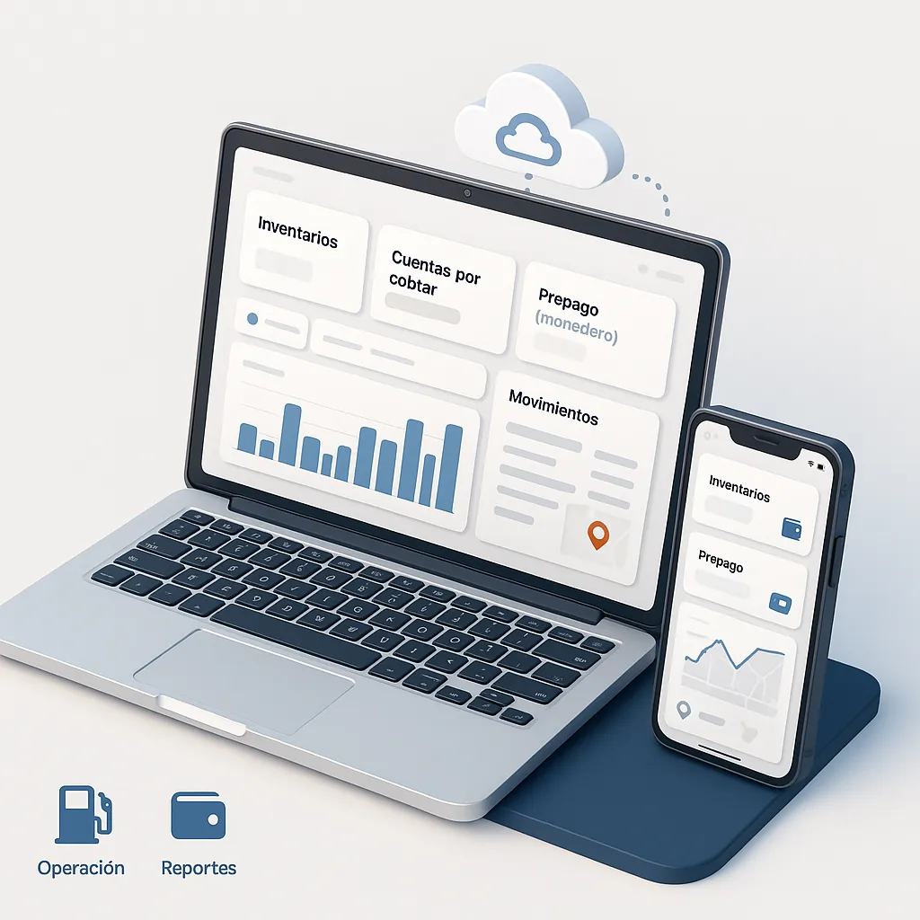 Panel web FUELSOFT con reportes e inventarios