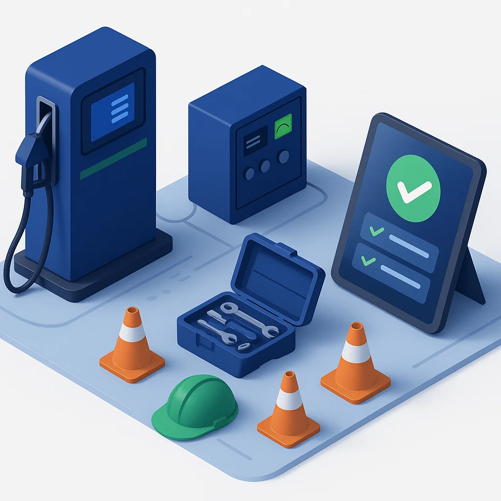 Equipo técnico en piso de estación realizando mantenimiento